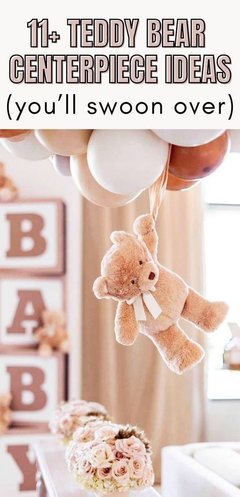 Make your celebrations truly memorable with DIY teddy bear centerpieces that are both charming and affordable. Whether it's a baby shower, gender reveal, birthday party, or small gathering, these adorable ideas are the perfect addition to any event. Discover how to create these cute hot air balloon-inspired decorations. Hanging Teddy Bear Balloon, Dollar Tree Teddy Bear Centerpiece, Floating Balloon Centerpieces, Vintage Teddy Bear Baby Shower Theme, Teddy Bear Party Decor, Baby Shower Entry Ideas, Bear Balloon Centerpiece, Diy Hot Air Balloon Centerpiece, Centerpieces With Balloons