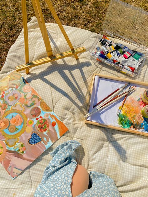 Get Outside Aesthetic, Outdoor Painting Aesthetic, Spring Painting Aesthetic, Spring Aesthetic Painting, Picnic Painting Aesthetic, Spring Aesthetic Activities, Spring Birthday Aesthetic, Spring Activities Aesthetic, Painting Date Aesthetic