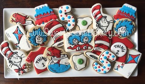 Thing 1 Thing 2 Cookies, Green Eggs and Ham, Cat in Hat.  Dr. Seuss Cookies. Cat In The Hat Cookies, Dr Seuss Birthday Party Ideas, Dr Seuss Cake, Dr Seuss Party Ideas, Cat In The Hat Party, Star Wars Cookies, Thing 1 And Thing 2, Dr Seuss Birthday Party, Rose Birthday