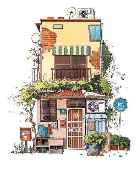 Building Drawings, Architectural Art, Watercolor Architecture, Building Illustration, Isometric Art, Architecture Drawing Art, House Illustration, Japanese Street, Building Art