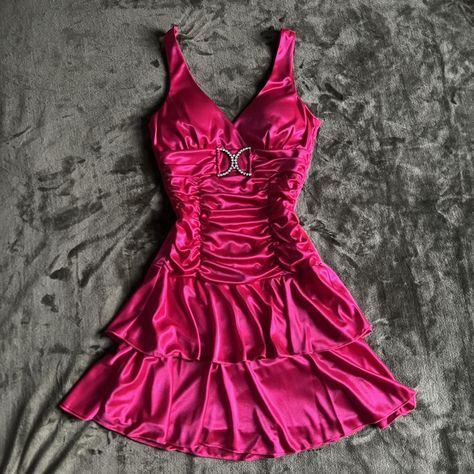 Mcbling pink ruffle mini dress. Ruched detail on... - Depop Hot Pink Mini Dresses, Pink Dress 2000s, Cute Pink Hoco Dresses, Mcbling Prom Dress, Hot Pink Dress Aesthetic, 2000s Hoco Dress, Y2k Hoco Dress, Y2k Pink Dress, 2000s Mini Dress