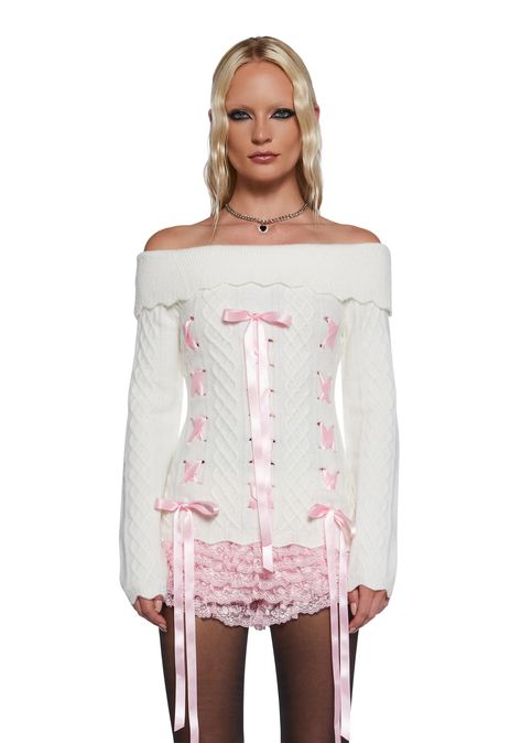 Off-The-Shoulder Cable Knit Ribbon Lace-Up Sweater Top Sugar Thrillz - Off White – Dolls Kill Sweaters Kawaii, Shoulder Cable, Lace Sleeve Top, Sugar Thrillz, Ribbon Design, Fairy Dress, Kawaii Fashion, Lace Sleeves, Japanese Fashion