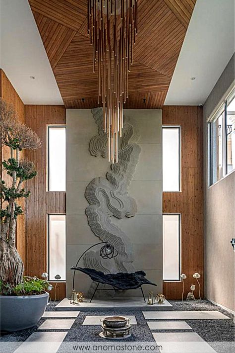 Accent Wall Living Room, Double Height Living Room, Decorating Apartment, Inspiration Interior Design, Room Organizer, Wall Carvings, Stone Accent Walls, Stone Wall Design, Wall Living Room