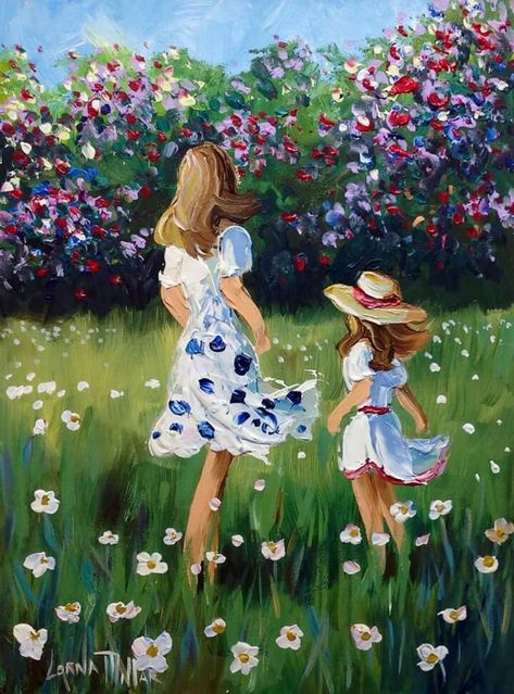 "In the Summer Meadow" by Lorna Millar. Unframed size = 16" x 12". Framed Size = 26" x 22"  www.irishartplus.com Please call 07803508204 or send PM for further information on viewing, framing, pricing and delivery options. Thank you, Liam Mother Daughter Painting Canvases Easy, Sisters Painting Canvases, Mothers Art, Watercolor People, Mother Painting, Arts And Crafts For Teens, Prismacolor Art, Summer Meadow, Mother Art