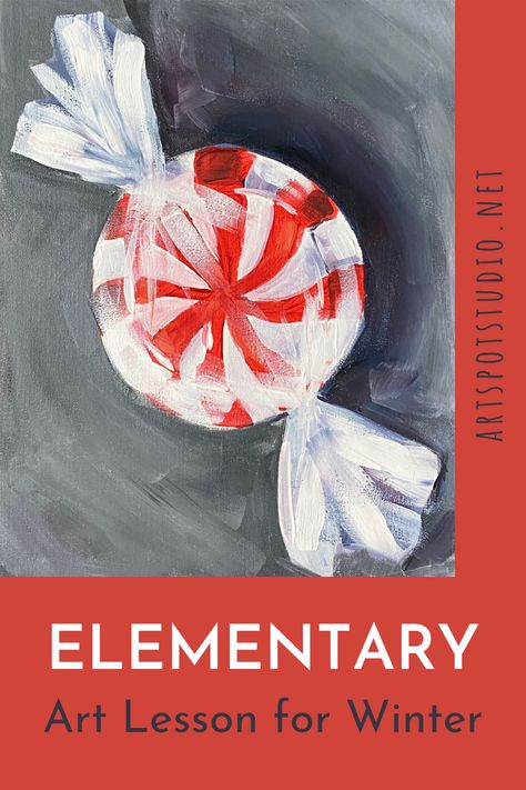 Looking for elementary art lesson ideas for winter or Christmas time? This fun peppermint swirl acrylic painting is great for kids. The step-by-step tutorial will teach kids acrylic painting techniques, so they can create their own masterpiece. This video lesson can be used as part of your homeschool art curriculum or in an elementary art class. Or make it a fun family art project over winter break! Holiday Art Elementary, 1st Grade Holiday Art Lessons, Middle School Art Christmas, Winter Art Projects Middle School, Fine Art Ideas, Christmas Art Class Ideas, Grade 5 Christmas Art, Christmas Art For Elementary Students, Winter Art Middle School