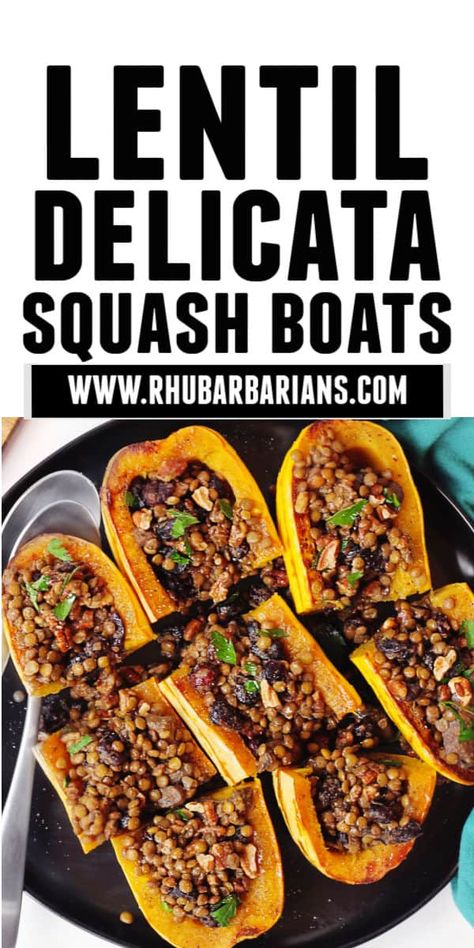 Lentil delicata squash boats recipe! Mushroom lentil stuffed delicata squash with cranberries and pecans! This vegetarian stuffed squash recipe is loaded with cozy, sweet and savory flavors. Perfect for a meatless holiday! Vegan Delicata Squash Recipe, Stuffed Delicata Squash, Delicata Squash Recipe, Squash Boats, Recipe Mushroom, Pan Dishes, Monday Recipes, Vegetarian Thanksgiving Recipes, Mushroom Stuffed