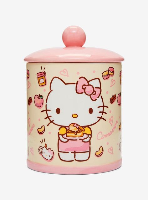 PRICES MAY VARY. Ceramic Approx. 8" Hand Wash Only Do Not Microwave Imported Hello Kitty is ready to help you serve up some sweet treats with this Sanrio-inspired cookie jar! Featuring an allover print of hearts, snacks, "Cinnamon", and "Apple" lettering, one side shows Hello Kitty holding a slice of pie while the other side features the Sanrio kitty sitting with a jam jar. This jar is perfect for storing your snack, sweets, and more. CeramicApprox. 8"Hand wash onlyDo not microwaveImported Hello Kitty Home Decor, Hello Kitty Decor, Sanrio Items, Apple Letters, Snack Jar, Sanrio Things, Apples And Cinnamon, Hello Kitty Kitchen, Apple Snacks