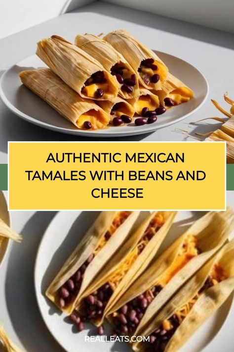 Authentic Mexican tamales with beans and cheese served on white plates. Cheese Tamales Recipe, Authentic Mexican Tamales, Cheese Tamales, Tamale Filling, Beans And Cheese, Mexican Tamales, Corn Husks, Tamale Recipe, Measuring Ingredients