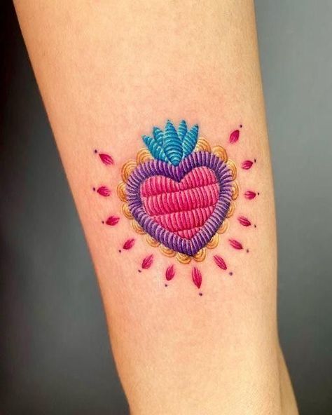 Embroidery Heart Tattoo, Micro Patchwork Tattoos, Tattoo Bordado Mexicano, Mexican Inspired Tattoos For Women, Mexican Embroidery Tattoo, Talavera Tattoo, Embroidery Tattoo Ideas, Mexican Inspired Tattoos, Tattoo Embroidery