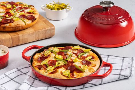 Triple Pepper Pizza | Le Creuset® Official Site Le Creuset Bread, Golden Pizza, Pickled Pepperoncini, Summer Succotash, Creuset Recipes, Pepper Pizza, Cast Iron Bread, Le Crueset, Le Creuset Recipes