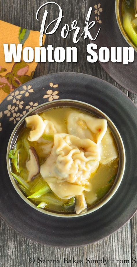 A dark grey bowl filled with Wonton Soup with white text at the the Pork Wonton Soup. Chinese Wonton Soup, Pork Wonton Soup, Wonton Soup Easy, Pork Wonton Recipe, Wor Wonton Soup, Homemade Wonton Soup, Pork Wontons, Pork Soup Recipes, Light Soup