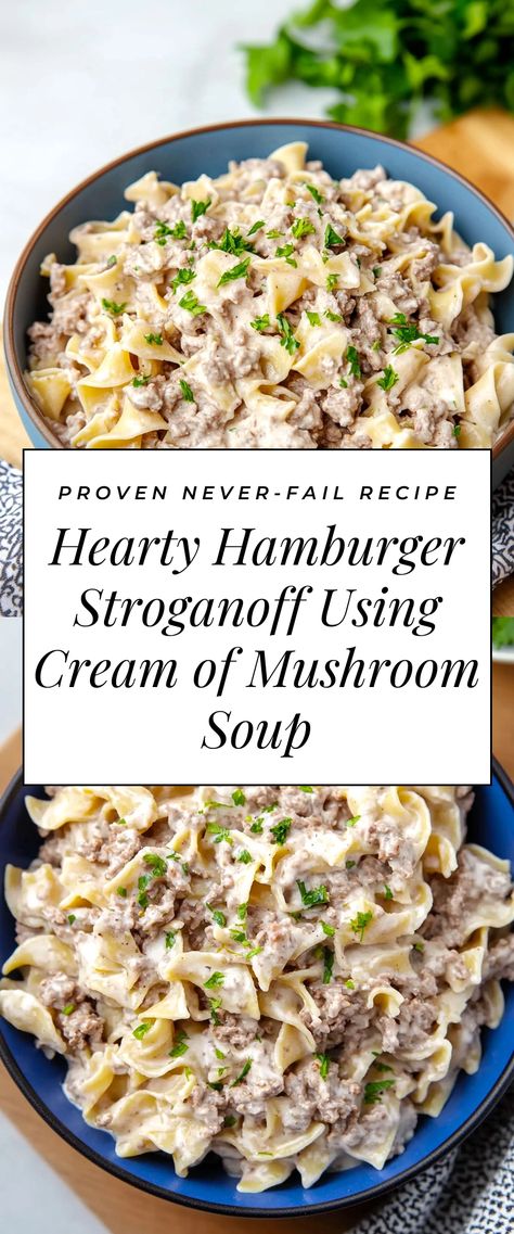 Image for Hearty Hamburger Stroganoff Using Cream of Mushroom Soup Ways To Use Cream Of Mushroom Soup, Beef Stroganoff Golden Mushroom Soup, What To Do With Cream Of Mushroom Soup, Campbells Cream Of Mushroom Soup Recipes, Cream Of Mushroom Recipes, Easy Hamburger Stroganoff, Beef Stroganoff With Rice, Cream Of Mushroom Soup Recipes, Easy Mushroom Soup