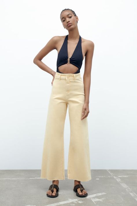 ZW THE HIGH RISE MARINE STRAIGHT JEANS - Yellow | ZARA United States Zara Sleeveless Top, Zara Short Dress, Woman Jeans, Shirt Tucked In, Woven Jacket, Pretty Blouses, The Marine, Yellow Shirts, Neutral Outfit