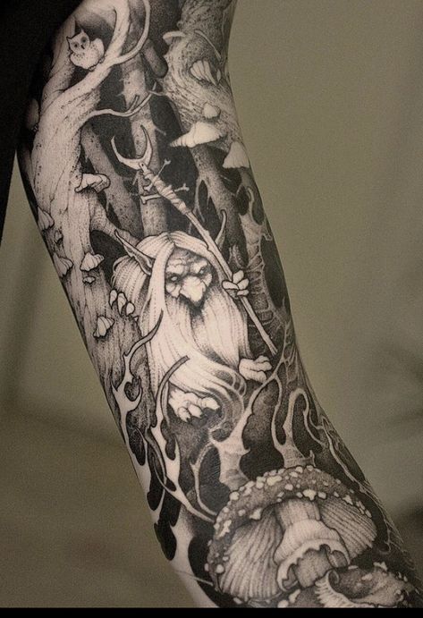 Gargoyle Sleeve Tattoo, Swamp Witch Tattoo, High Fae Tattoo, Dark And Moody Tattoo, Dnd Tattoo Sleeve, Mythical Creatures Tattoo Sleeve, Magic Tattoo Sleeve, Moody Tattoo Aesthetic, Forest Back Tattoo