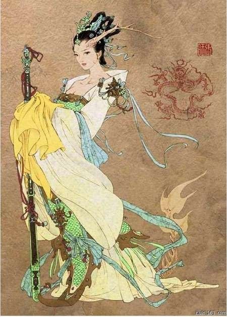 NAME: Nuwa, But varies from region to region such as Nu Kua, Ku Gua, Neu Kwa, Cang Jing or NYwa (the Y has an umlaut over it.)  SYMBOLS: Chinese Dragon (ling), five stones, chariot drawn by two winged dragons and two green hornless dragons.   USUAL IMAGE: This too varies. She is said to have the upper body of a beautiful woman while below the waist she is ether a dragon, fish or serpent depending on the tale. She is also sometimes depicted as a human woman in regale robes.   RELATIVES: ... Korean Mythology, Snake Goddess, Carpe Koi, Female Dragon, Dragon King, Chinese Mythology, Mythological Creatures, Chinese Dragon, 판타지 아트