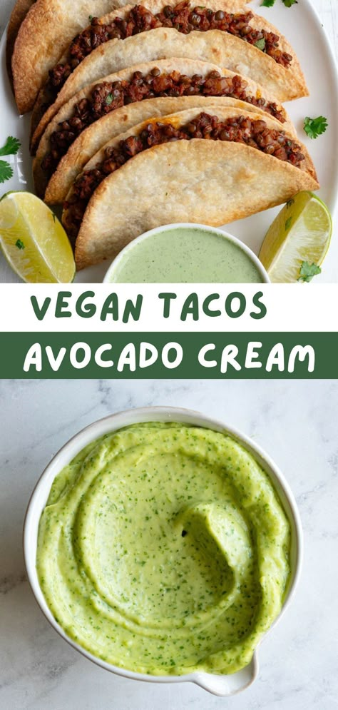 This 5-Minute healthy Avocado Crema recipe is made with avocados, zesty lime juice, cilantro, garlic, yogurt, and optional jalapeño for a kick. This velvety avocado cream sauce is so versatile. Serve it with all of your favorite Mexican recipes, enjoy it as a dipping sauce, or use it as a salad dressing. (Vegan and oil-free options.) Avocado Recipes Vegan, Vegan Avocado Sauce, Healthy Avocado Recipes, Avocado Cream Sauce, Avocado Crema Sauce, Creamy Avocado Sauce For Tacos, Greek Yogurt Avocado Crema, Vegan Avocado Crema, Avocado Sauce Recipe