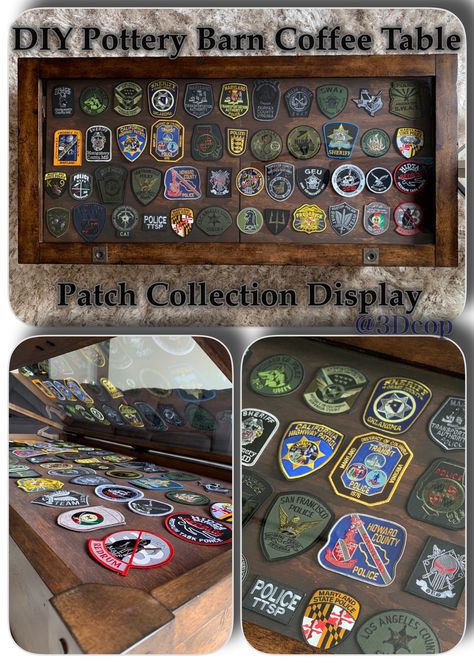 Pottery Barn shadow box coffee table turned into a simply and fictional Police Patch Collection Display. #police #leo #policegifts #patch #policepatch Patch Shadow Box Display, Police Patches Collection Display, Patch Collection Display Ideas, Police Patch Display Ideas, Patch Collection Display, Police Patches Display, Patch Display Ideas, Morale Patch Display, Patch Display