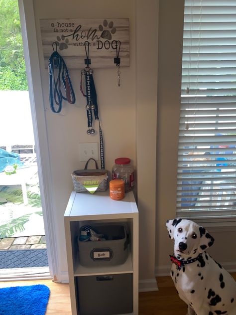 Pet station with all pet supplies in one area Dog Area In Office, Dog Organization Station Small Spaces, Dog Organization Station, Dog Leash Station, Dog Stuff Organization, Dog Entryway, Pet Storage Organization, Dog Supplies Organization, Apartment Finds