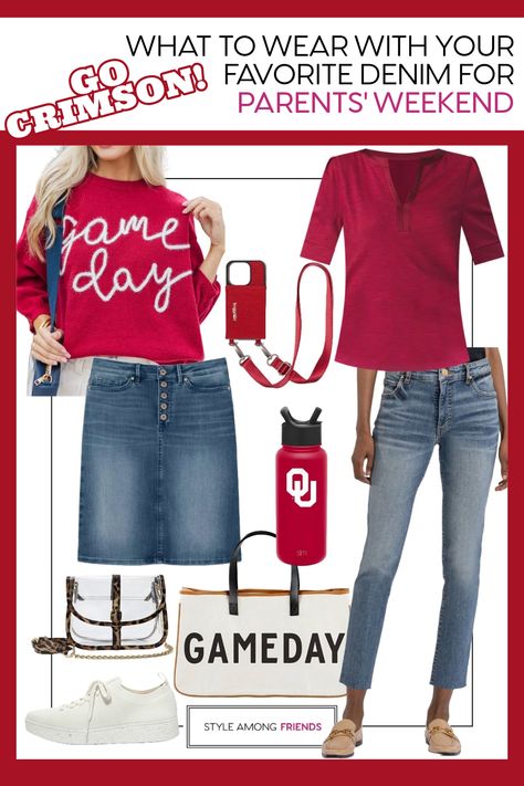 Excited to hit the road and visit your college student? Trying to decide what outfit to sport while exploring campus or attending a football game? We’re here to help! Take a look at our latest blog post featuring 8 stylish color combinations perfect for game day outfits. All approved by over 50 moms! Dads, we’ve got options for you too! Cheers to the team! #gameday #parentsweekend #collegefootball #fashionover50 Red And Black Football Game Outfits, Sec Football Game Day Outfit, College Parents Weekend, Mom Game Day Outfit, College Football Game Outfit, Summer Workout Outfits, Games For Moms, Nfl Football Games, Tommy Bahama Dress