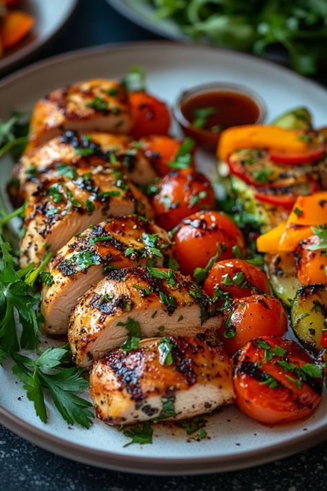 Grilled chicken breast with cherry tomatoes, bell peppers, and fresh herbs on a plate. Healthy Fancy Dinner Recipes, Chipotle Lime Chicken, Pretzel Crusted Chicken, Gochujang Chicken, Parmesan Chicken Tenders, Crusted Chicken Tenders, Garlic Herb Chicken, Yogurt Chicken, Chicken Tenderloin