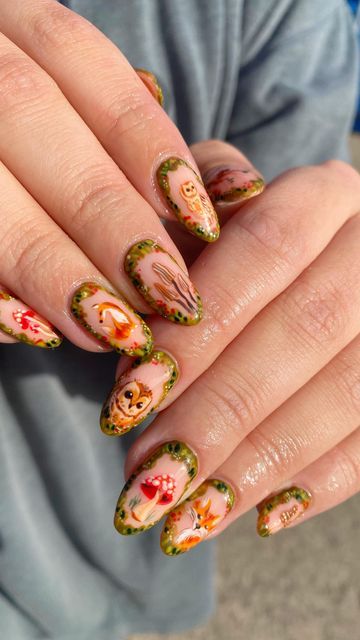 Nail Ideas Cottagecore, Cottagecore Nails Aesthetic, Woodland Nail Art, Cottagecore Nails Simple, Forest Theme Nails, Woodland Nails Designs, Fall Fox Nails, Cottagecore Nail Art, Squirrel Nails