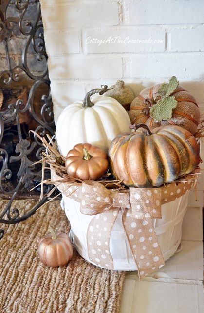 A cheap basket, a little paint and some burlap ribbon make this adorable! Cheap Baskets, Pumpkins And Gourds, Adornos Halloween, Fall Deco, Autumn Decorating, Fall Mantel, Fabulous Fall, Fall Halloween Decor, How To Make Ribbon