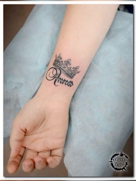 Crown Wrist Tattoo, Christian Wrist Tattoos, Crown Tattoos For Women, Name Tattoo Ideas, Name Tattoos On Wrist, Baby Name Tattoos, Crown Tattoo Design, King Tattoos, Dad Tattoos