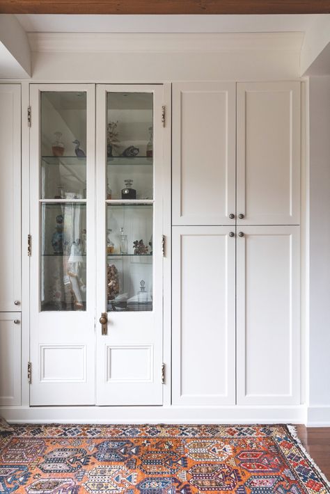 Pantry Cabinet With Glass Doors, Antique Cabinet Doors, Glass Door Pantry Cabinet, Antique Cabinet In Kitchen, Vintage Built In Cabinets, Pantry Cabinet Doors, Built In Kitchen Hutch, Vintage Glass Cabinet, Dining Cabinets