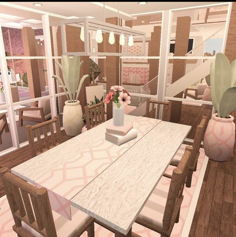 Bloc Burg Dining Room, Bloxburg Dining Area Ideas, Cute Bloxburg Dining Room, Dining Room Ideas Aesthetic, Bloxburg Dining Ideas, Dining Table Bloxburg, Dining Room Bloxburg Ideas, Bloxburg Dining Table, Bloxburg Dinner Room Ideas