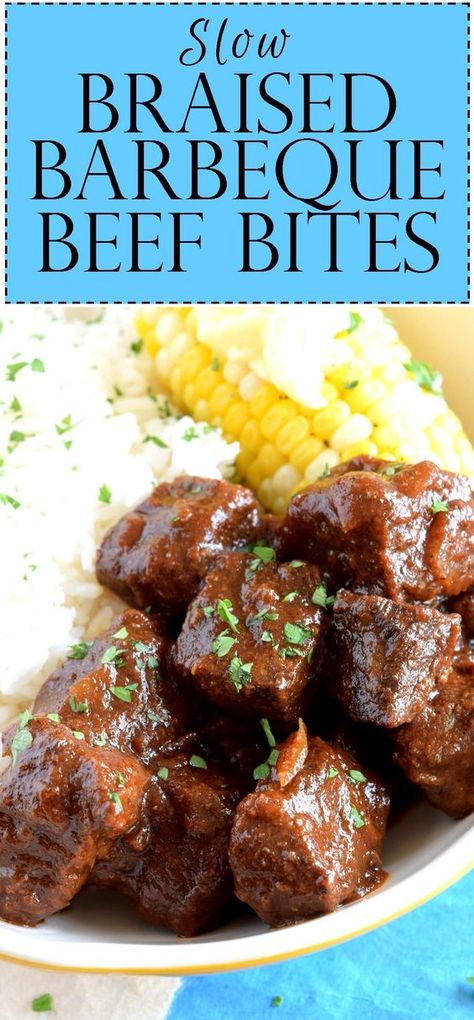 Slow Braised Barbequed Beef Bites are tender and moist with just the right amount of heat and sweet.  This recipe is the perfect way to enjoy deep barbeque flavours without grilling. What seems like a million years ago, I was… Bbq Beef Bites Crockpot, Chunky Beef Recipes, Bbq Beef Stew Meat Crockpot, Barbecue Beef Tips, Beef Squares Recipes, Stew Meat Easy Recipes, Ways To Cook Stew Meat, Beef Stew Meat Recipes Grill, Recipes For Stewing Beef