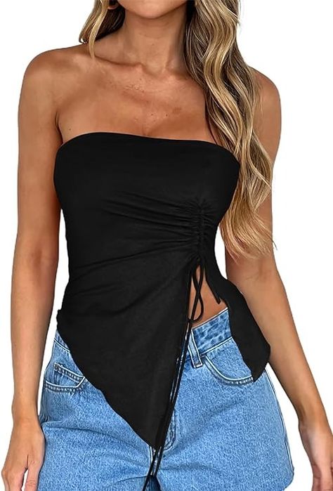 Amazon.com: CSDAJIO Women's Drawstring Ruched Side Asymmetrical Hem Tube Top Strapless Crop Top Going Out Shirt : Sports & Outdoors Top Strapless, Going Out Shirts, Strapless Crop Top, Floral Sleeve, Women Halter, Asymmetrical Hem, Outdoor Woman, Y2k Fashion, Corset Top