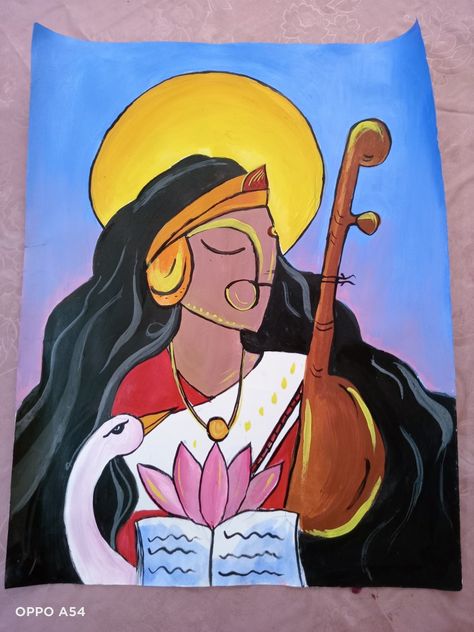 Saraswati Goddess Paintings Abstract, Vasant Panchami Decoration In School, Vasant Panchami Craft, Saraswati Puja Drawing, Vasant Panchami Drawing, Saraswati Mata Drawing, Saraswati Goddess Paintings, Saraswati Puja Decoration Ideas, Basant Panchami Drawing