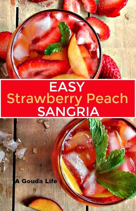 Brandy Sangria, Strawberry Peach Sangria, Peach Sangria Recipe, Peach Sangria Recipes, Batch Cocktail Recipe, Easy Sangria Recipes, Strawberry Sangria, Strawberry Cocktails, Easy Summer Cocktails