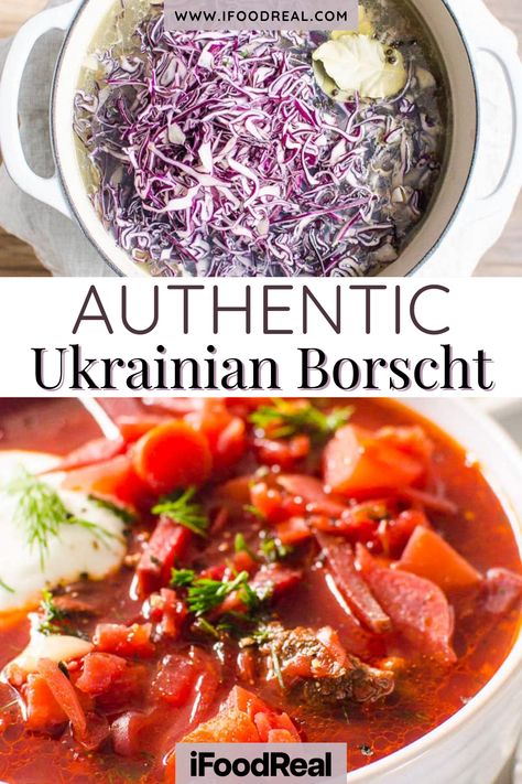 This Authentic Ukrainian Borscht is such a nostalgic meal for me! This recipe comes from my grandmother and I grew up eating this dish very often. The colors in this soup are vibrant and the flavors are full and delicious. You’ll love every bite! Enjoy true Ukrainian flavor with this wonderful recipe! Ukranian Borscht, Borch Soup Borscht Recipe, Borscht Soup Recipe Vegetarian, Healthy Borscht Soup, Borchtch Soup Recipes Ukrainian, Ukrainian Borscht, Easy Healthy Soup, Borscht Recipe, Delicious Crockpot Recipes