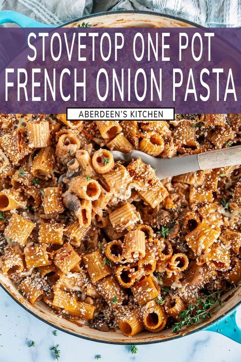 Weeknight family favorite dinner alert! This ONE POT french onion pasta has all the flavors of the classic soup in a creamy, rich sauce with cremini mushrooms and a light panko topping. From aberdeenskitchen.com #onepot #frenchonion #pasta #stovetop #skillet #dinner #weeknight #familyfriendly #recipe One Pot French Onion Pasta, French Onion Pasta, Onion Pasta, Classic French Onion Soup, French Onion Soup Recipe, Onion Soup Recipes, Favorite Dinner, Cremini Mushrooms, Yummy Pasta Recipes