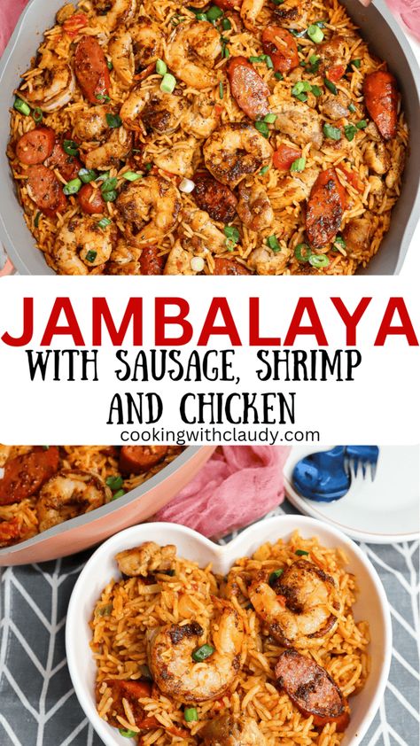 Authentic Jambalaya Easy Chicken Jambalaya Recipe, Chicken Jumblya, Chicken Shrimp Sausage Jambalaya, Jumbalia Recipe Sausage Shrimp, Authentic Jambalaya Recipe Louisiana, New Orleans Dishes, Jambalaya Recipe Chicken And Sausage, Jumbalia Recipe, Jambalaya Recipe New Orleans