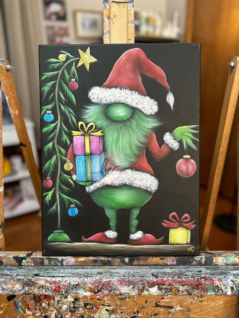 Grinch Christmas Painting Canvases, Christmas Gnome Painting Ideas, Santa Gnome Painting, Gnome Paintings On Canvas, Christmas Gnome Painting Canvas, Christmas Gnomes Painted On Wood, Gnome Painting Canvas Diy, Step By Step Christmas Painting Canvas, Grinch Artwork