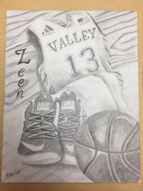 Drawing Ideas Basketball, Cool Basketball Drawings, Basketball Sketch Art, Basketball Pencil Drawings, Basketball Goal Drawing, Basketball Drawings, Drawing Examples, Gcse Art, Sports Art