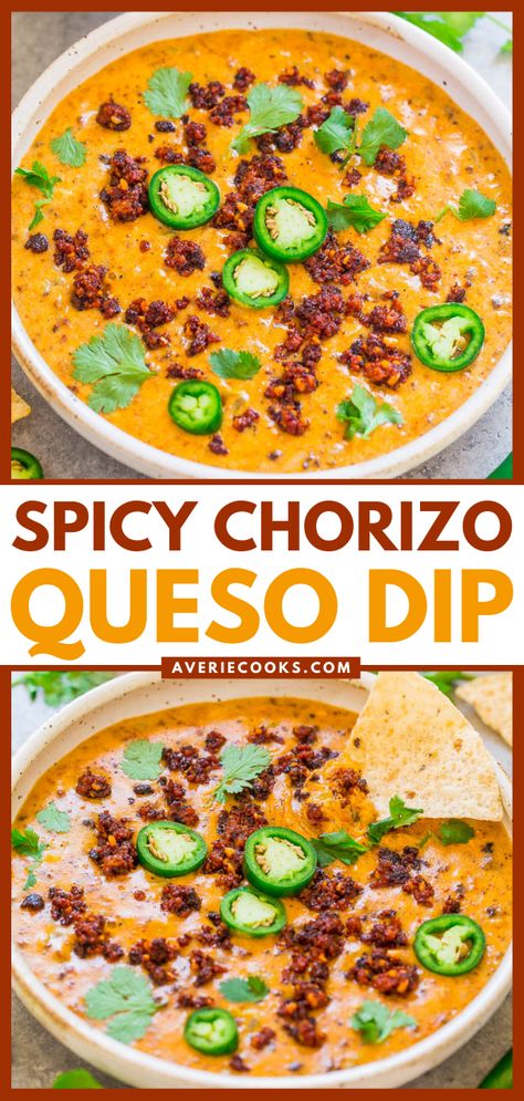 Spicy Chorizo Queso — No processed cheese in this EASY queso dip that's ready in 20 minutes!! Wonderfully spicy thanks to the chorizo! Great appetizer for holiday entertaining, parties, and game days!! Chorizo Cheese Dip, Chorizo Queso Dip, Easy Queso Dip, Spicy Queso Dip, Easy Queso, Chorizo Queso, Spicy Queso, Best Dip Recipes, Queso Dip Recipes