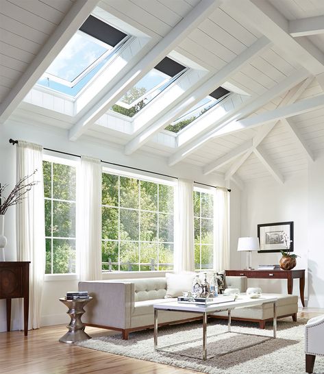 Skylight Living Room, Skylight Installation, Velux Skylights, Skylight Window, Midcentury Design, Mid Century Modern Living, Roof Window, Coastal Living Rooms, Transitional Living