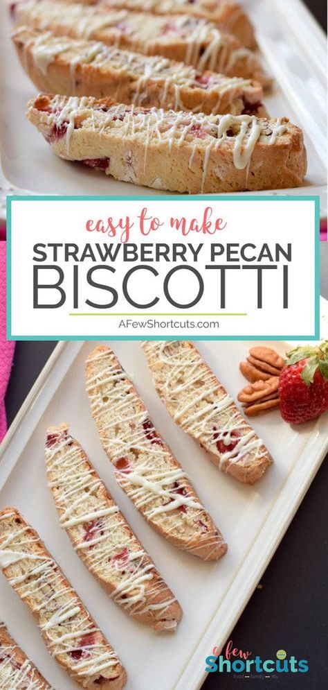 Homemade biscotti are amazing! Especially this simple Strawberry Pecan Biscotti Recipe. It is one of a kind and full of flavor. Great for a cup of coffee and to give as gifts. @AFewShortcuts #recipes #strawberry #breakfast #biscotti #coffee Strawberry Biscotti, Soft Biscotti Recipe, Breakfast Biscotti, Pecan Biscotti Recipe, Cake Mix Biscotti Recipe, Pecan Biscotti, Biscotti Flavors, Best Biscotti Recipe, Homemade Biscotti