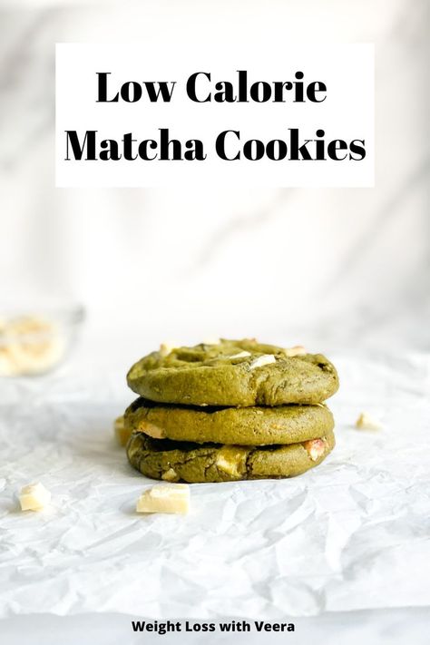 These low calorie matcha cookies have a soft center with a delicious crispy edge. These cookies are perfect for matcha lovers on a weight loss journey! #lowcalorie #weightloss #lowcaloriecookies #matcha #matchacookies #healthycookies #healthyrecipes #recipe Low Calorie Matcha, Matcha Recipe Baking, Matcha Cookies Recipe, Matcha Bread, Matcha Dessert Recipes, Matcha Baking, Low Calorie Cookies, Low Calorie Baking, Low Calorie Vegan