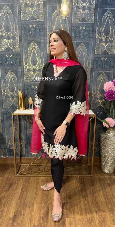 *QUEENS'av®️* 👑 *Ready to wear*🌻 *FestiveS*🎉🎉 D.No. 210055 / Black Pure soft organza A line shirt✡️mul lining attached✡️beautiful silver leather work✡️rich dori work✡️premium cut work neck sleeves front back ghera✡️beautifully done✡️Designer pure crape tulip pants✡️Pure organza duppatta✡️beautiful Pearl fringes Plus sizes also avl 🎉🎉 Designer piece✡️ Excellent Quality 👍 *Ready to Dispatch* MSP 4795/-✡️✡️ Organza Suits Indian, A Line Shirt, Dori Work, Tulip Pants, Organza Suits, Chic Cocktail Dress, Fashion Terms, Black Pure, Tulip Dress