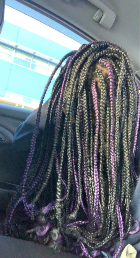 Braids With Purple Highlights, Purple And Black Box Braids, Purple Peekaboo Braids, Black And Purple Braids, Purple Peekaboo Highlights, Purple Box Braids, Black Box Braids, Purple Streaks, Purple Braids