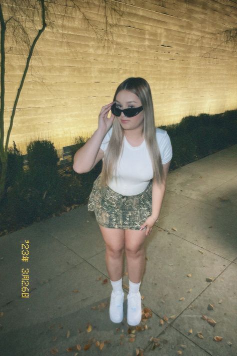 White shirt, camo skirt, Nike Nocta x Drake af1, Blonde hair, Black glasses Drake Af1, Air Forces Black, Old School Outfits, X Drake, Camo Skirt, Bad Girl Wallpaper, Black Glasses, Air Forces, Real Tree