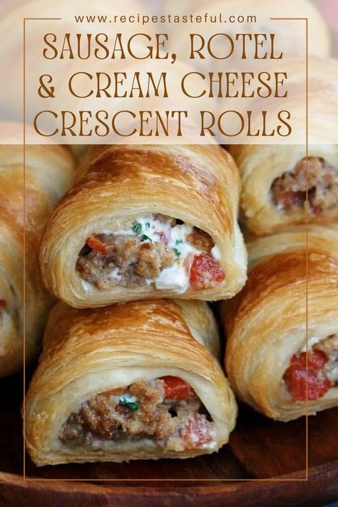 Buttery crescent rolls filled with a creamy mixture of sausage, Rotel, herbs, and cream cheese. Perfect for game day or any gathering! Crescent Roll Snacks, Sausage Cream Cheese Crescent Rolls, Crescent Roll Recipes Dinner, Recipes Using Crescent Rolls, Cream Cheese Crescent Rolls, Crescent Recipes, Cheese Crescent Rolls, Crescent Roll Recipes, Best Appetizer Recipes