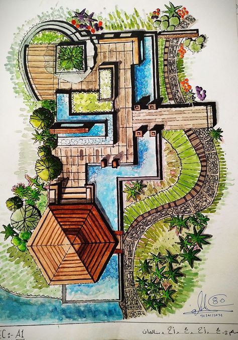 Landscape Ideas Layout, Landscape Ideas Drawing Plan, Landscape Architecture Plan Sketch, Landscape Ideas Drawing Architecture, Architecture Concept Drawings Ideas, Landscape Architecture Plan Drawing, Landscape Architecture Design Sketch, Markers Drawing Architecture, Landscape Architecture Plan