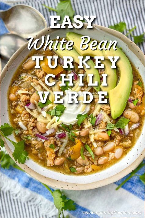 bowl of white bean turkey chili verde topped with slices of avocado, sour cream and shredded cheese Ozempic Dinner Ideas, Glp1 Meals, Winter Lunch Ideas, Turkey White Bean Chili, Fall Healthy Recipes, Turkey Chili Verde, Chili Verde Crockpot, White Turkey Chili Recipe, Recipe Ground Turkey