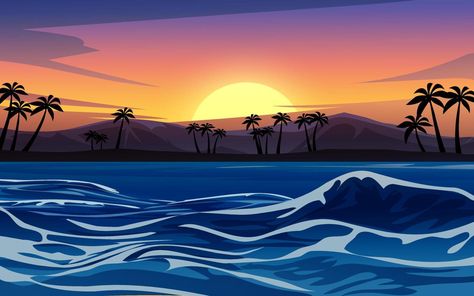 Ocean sunset illustration with waves and island Ocean Waves Drawing, Ocean Wave Drawing, Radial Balance, Sunset Illustration, Background Laptop, Ocean Drawing, Wave Drawing, Wave Illustration, Water Aesthetic