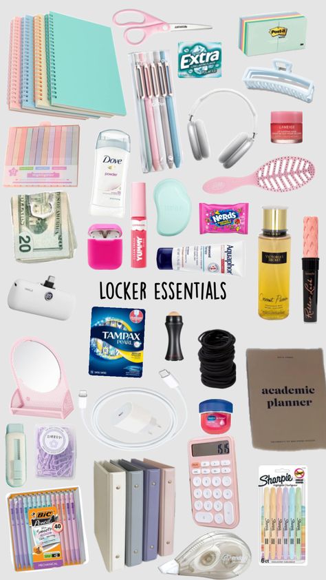 Back to school locker essentials School Locker Essentials, Locker Essentials, School Locker Organization, Bic Pencils, Tampax Pearl, Middle School Essentials, School Emergency Kit, School Backpack Essentials, Preppy School Supplies